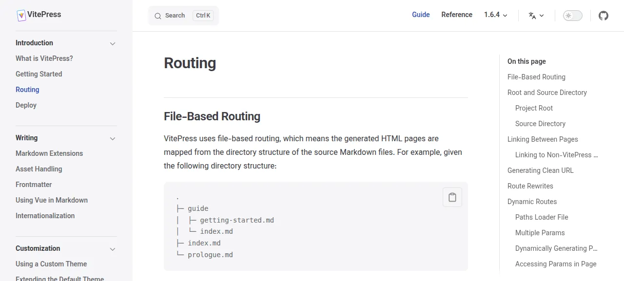 The Routing page of the served VitePress docs, reached by its sidebar link